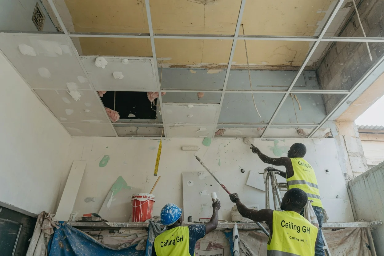 Hygienic cleanroom and healthcare ceiling installation in Accra — shot: sealed gasketed cleanroom grid ceiling close up showing clipped joint detail, laboratory, Accra  ceilinggh, Accra Ghana